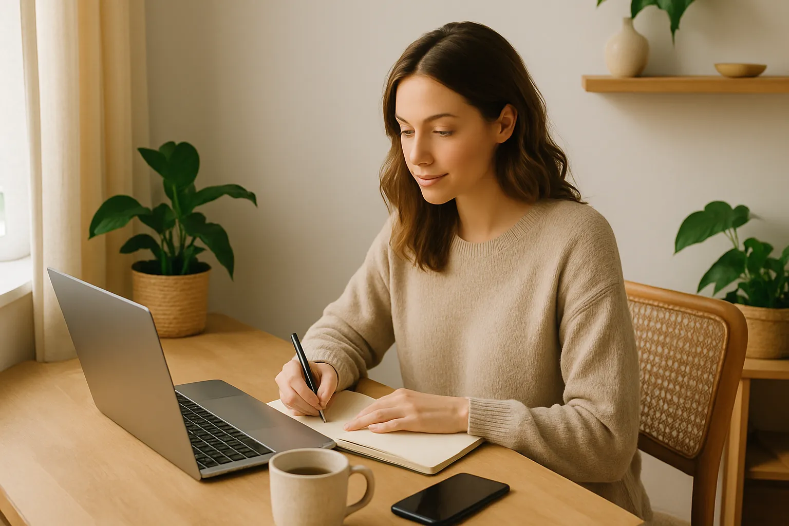 woman working at a laptop in a cozy home office, exploring creative business ideas for women who want to work from home