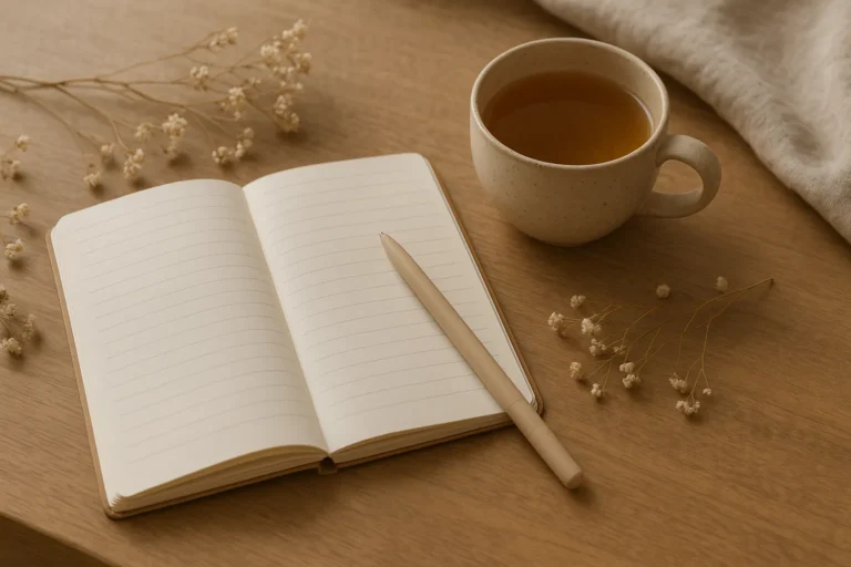 an open journal with herbal tea and dried flowers on a wooden table, illustrating a calm 30-day self improvement challenge setup in a cozy minimalist style