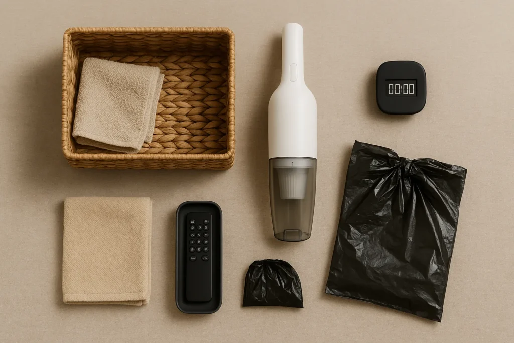 Tools used in a 15 minute living room reset routine including wipes and baskets.