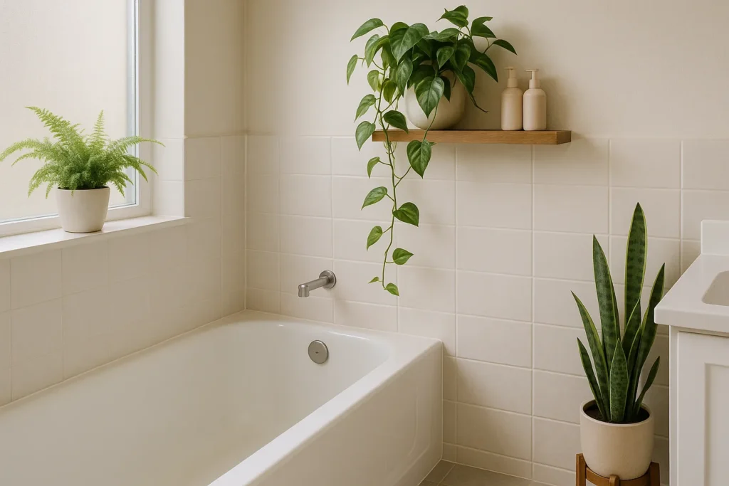 A small bathroom with a fern on the windowsill, a trailing pothos on a shelf, and a snake plant by the tub, showing fresh greenery ideas from yourselflovehub.com.