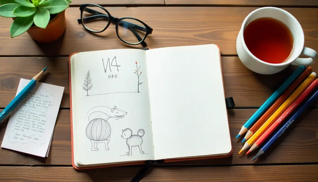 Artistic flatlay of a journal, doodles, colored pencils, and a cup of tea on a wooden desk; creative and inviting mood; warm natural tones, 16:9 horizontal.