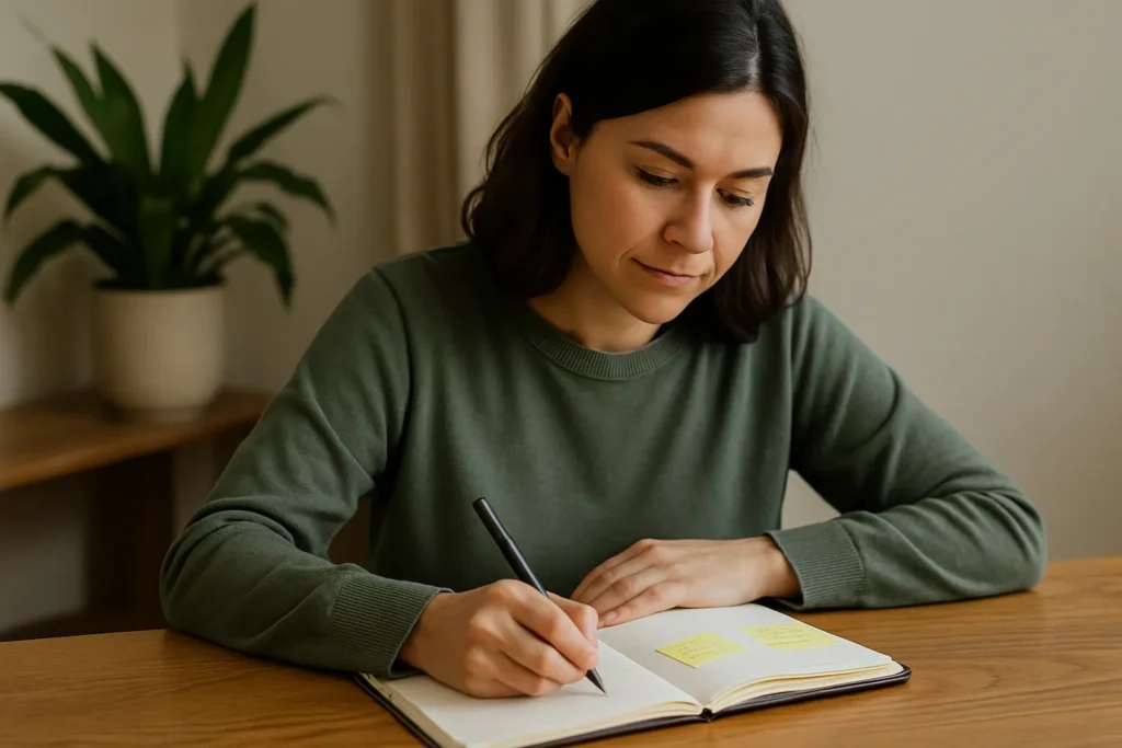 woman sitting at a wooden table in soft daylight, writing in an open notebook with small sticky notes on the page as she calmly works through her difficult emotions