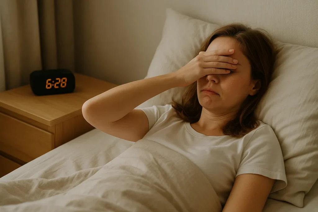 woman lying in bed in the morning with her hand over her face, alarm clock on the nightstand, quietly dreading another day even though everything looks normal and calm