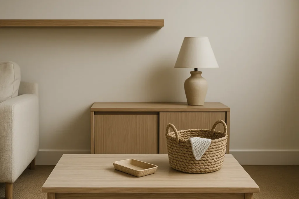 Minimal living room organization setup created for yourselflovehub.com.