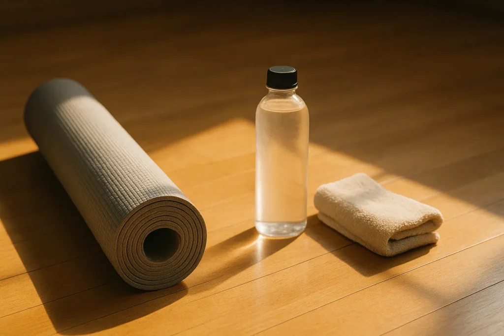Horizontal photo of a rolled gray yoga mat, clear water bottle, and folded towel on a sunlit wooden floor, warm natural light, no people, no text.

