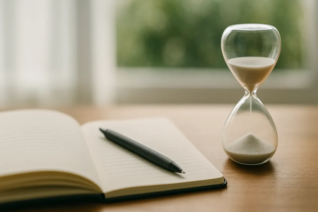 Horizontal photo of an open lined journal with a pen and a small glass hourglass on a wooden desk near a bright window, soft daylight, greenery blurred in background.

