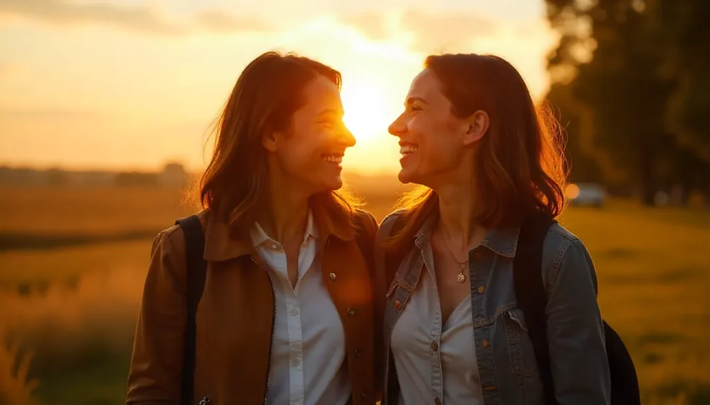 Two friends laughing together during a walk, depicting reward yourself ideas Without Food or Shopping Sprees; soft sunset light; warm, genuine emotional connection; candid and heartwarming, 16:9 horizontal.
