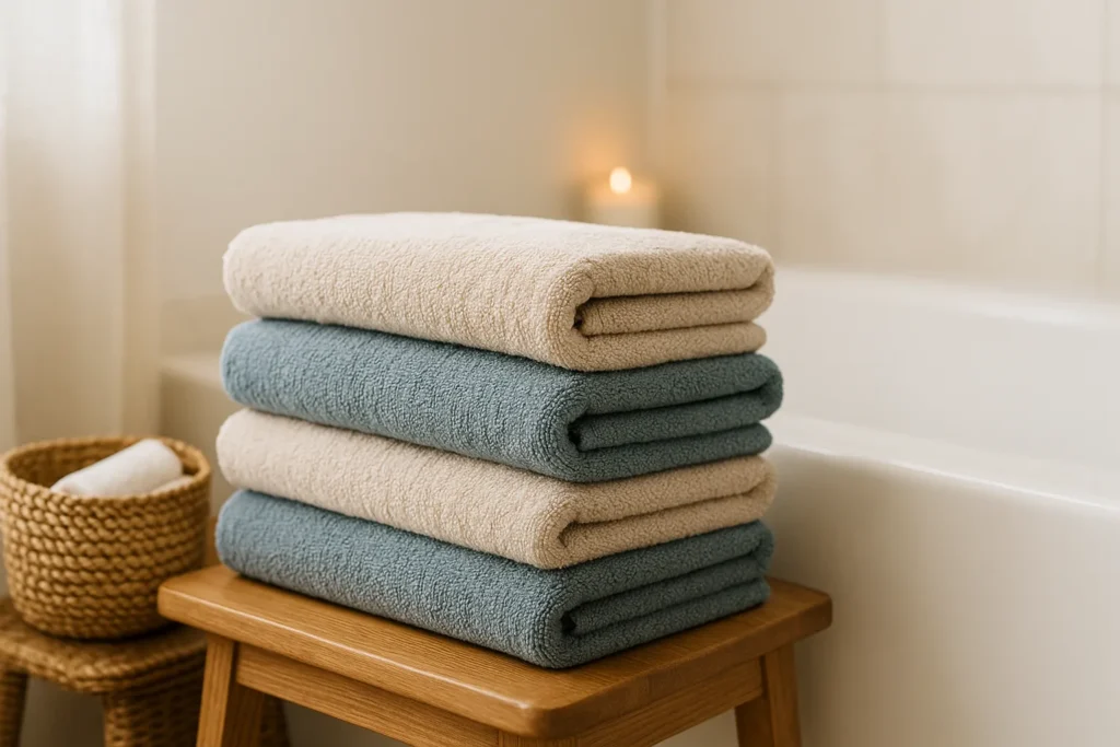 A stack of fluffy neutral and blue towels on a wooden stool beside a tub, showing Small Bathroom Updates that create a soft, spa-like feel.