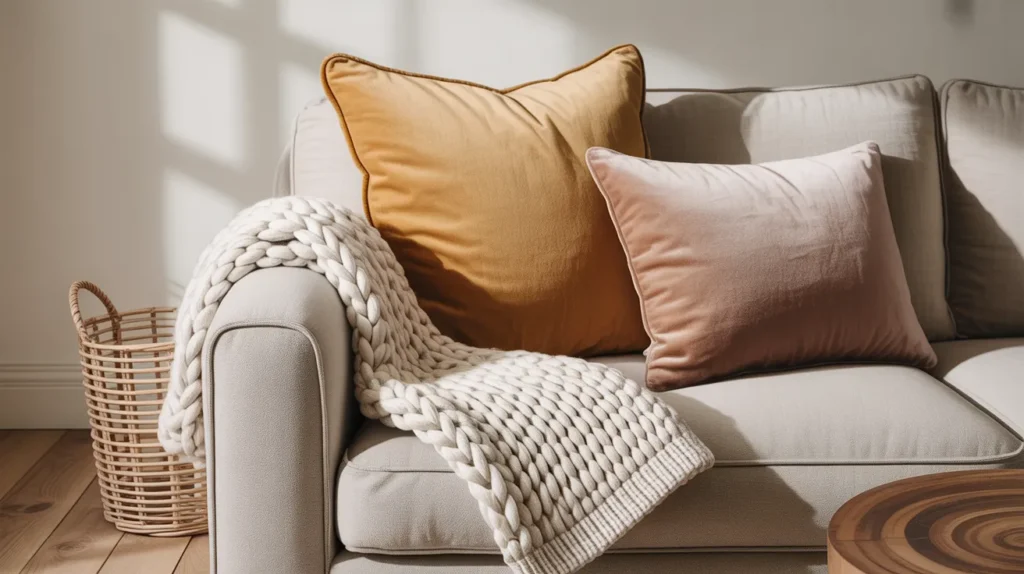 Layered fabrics and baskets showing textured stylish living room ideas that make a neutral space feel cozy.