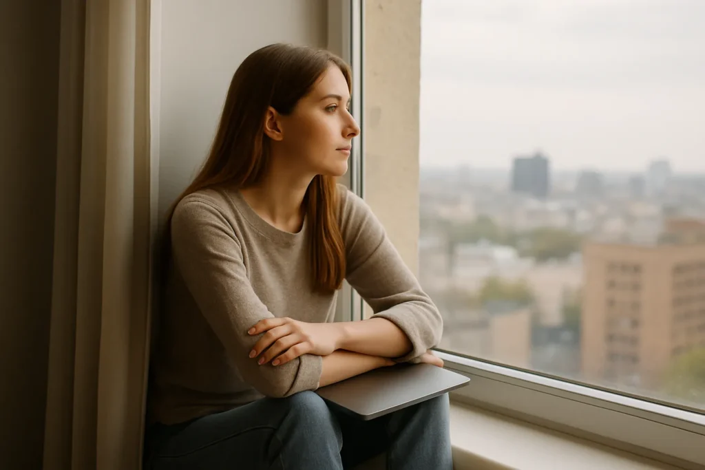 woman sitting on a windowsill with a closed laptop on her lap, staring out over a blurred cityscape as she daydreams about starting a new life