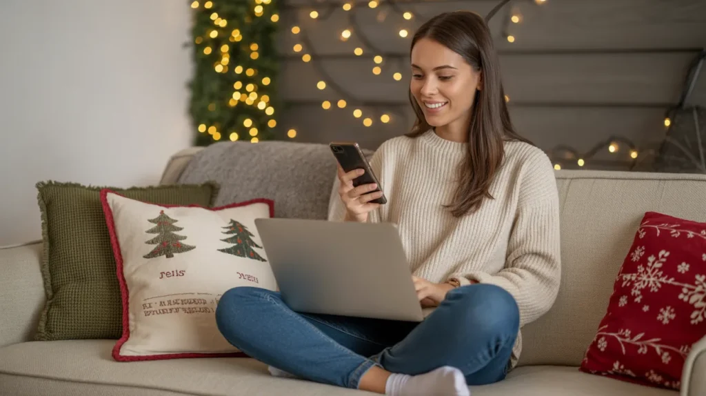Woman sitting comfortably with a laptop and phone, enjoying easy online earnings ideas from yourselflovehub.com during the holidays.