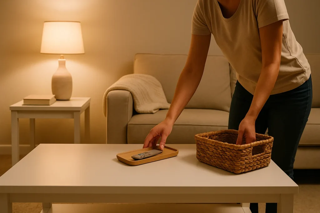 A step-by-step 15 minute living room reset routine with simple nightly cleaning actions.