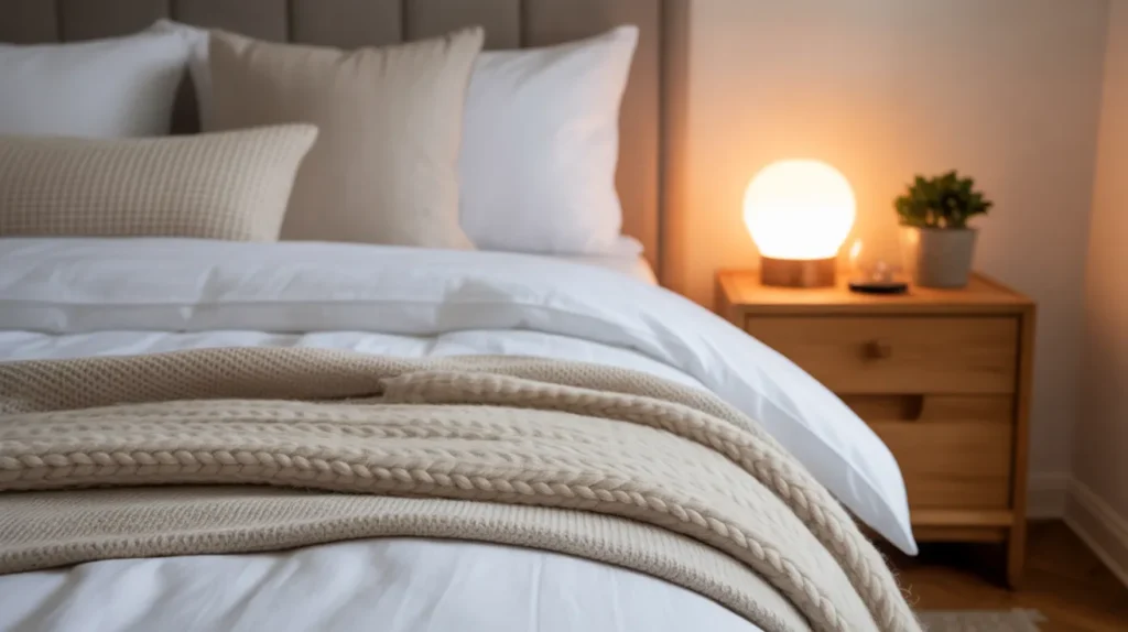 Layered bedding and a warm bedside lamp creating a cozy base that makes a bedroom feel soft, inviting, and personal.