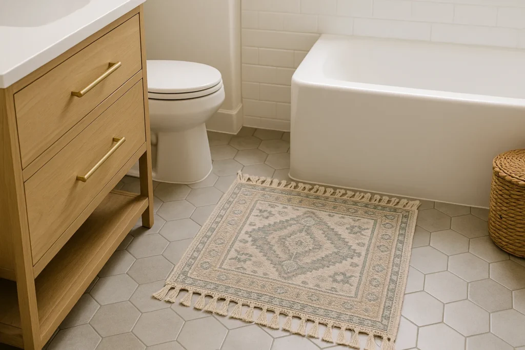 A small bathroom with hexagon floor tiles and a patterned woven rug beside the tub, showing a cozy bath mat upgrade idea from yourselflovehub.com.