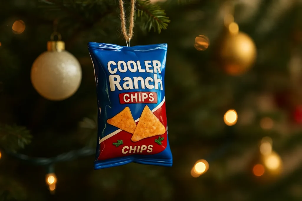A bright blue chip-bag Christmas ornament hanging on a tree with golden lights, a fun snack-inspired detail styled for yourselflovehub.com.