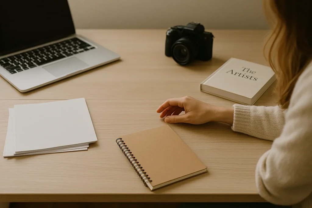 desk with a laptop and work papers on one side and a sketchbook, camera, and art book on the other, a woman’s hand reaching toward the creative side to show the gap between her values and daily life