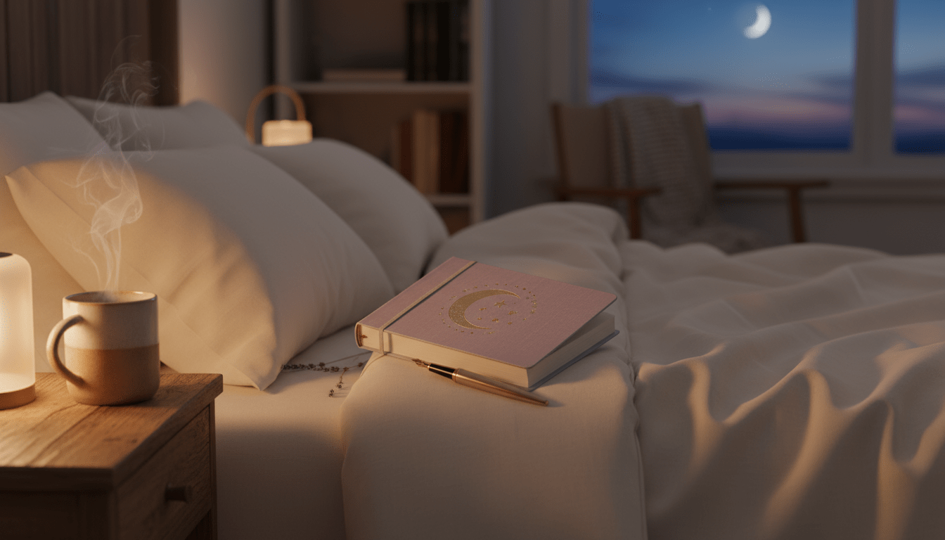 night journal prompts notebook on bedside table under warm light