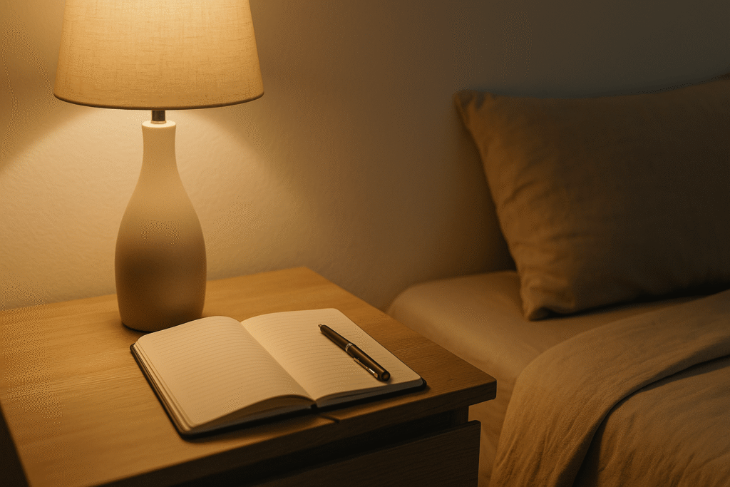 night journal prompts notebook on bedside table under warm light