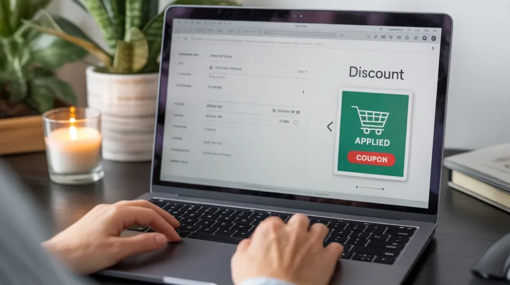 Close-up of laptop checkout page with coupon applied, highlighting simple ways How to Generate Holiday Shopping Cash and Money using discount tools.