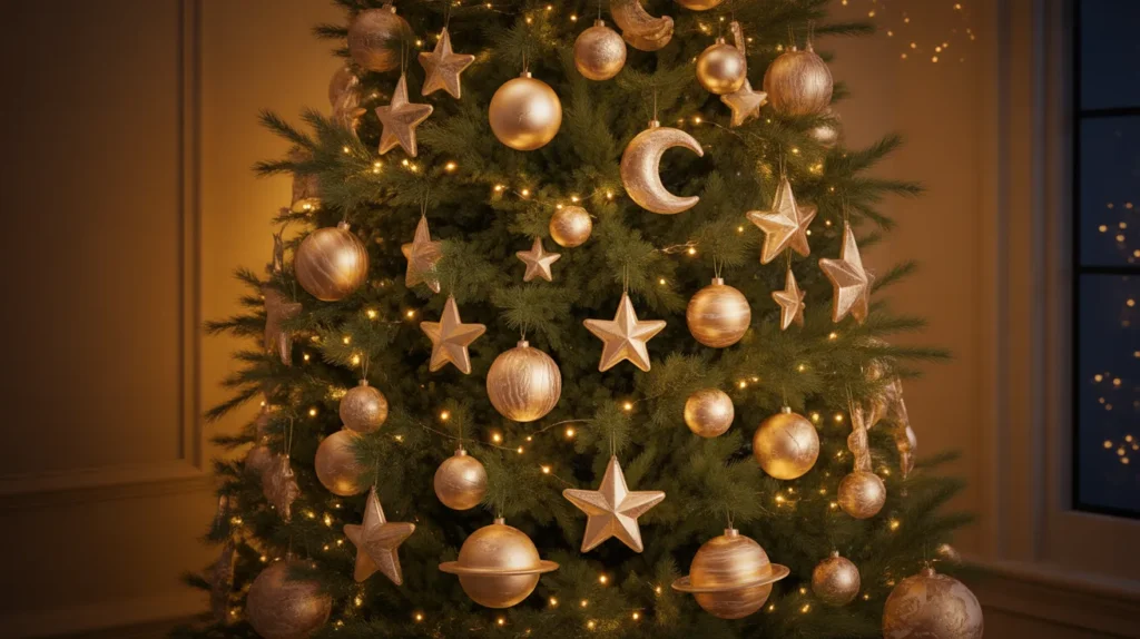 Celestial festive Christmas tree ideas with golden star and moon ornaments glowing in a dark room.