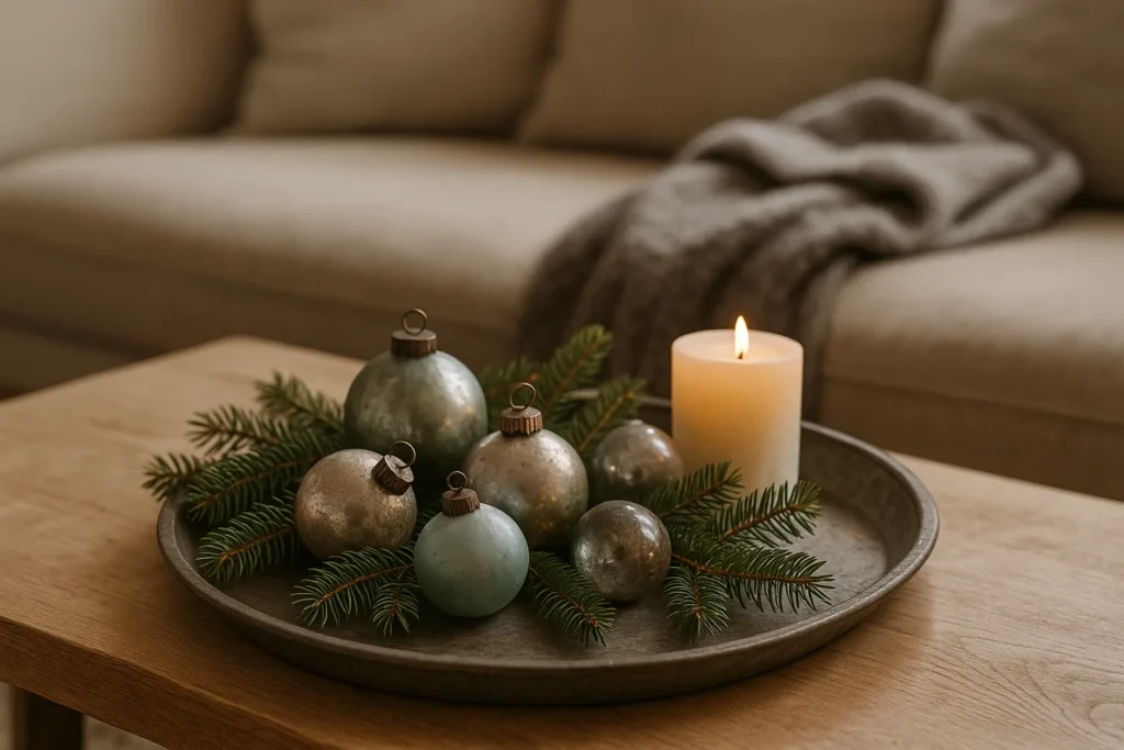A rustic metal tray filled with baubles and evergreen branches beside a glowing candle, styled as cozy trending holiday decorations on a coffee table.