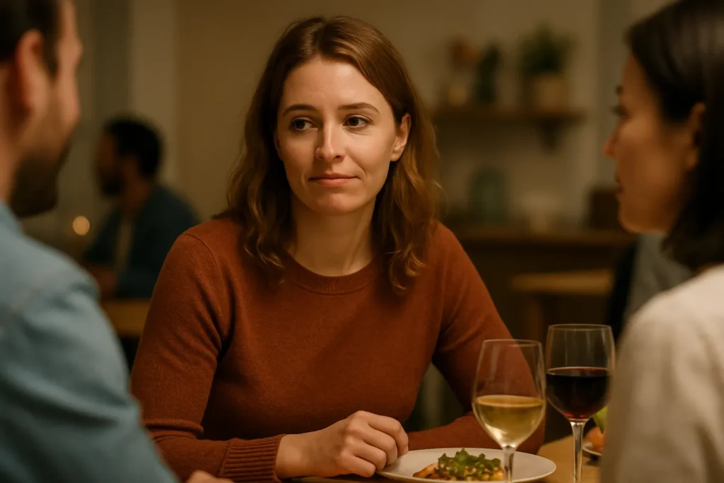 woman sitting at a dinner table with people around her, wearing a faint tight smile and staring off to the side, quietly resentful and drained in a warm social setting