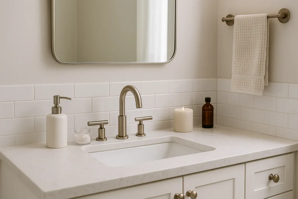 A decluttered bathroom counter with only soap, a candle, and one skincare item, showing Small Bathroom Updates that instantly make the space feel bigger.