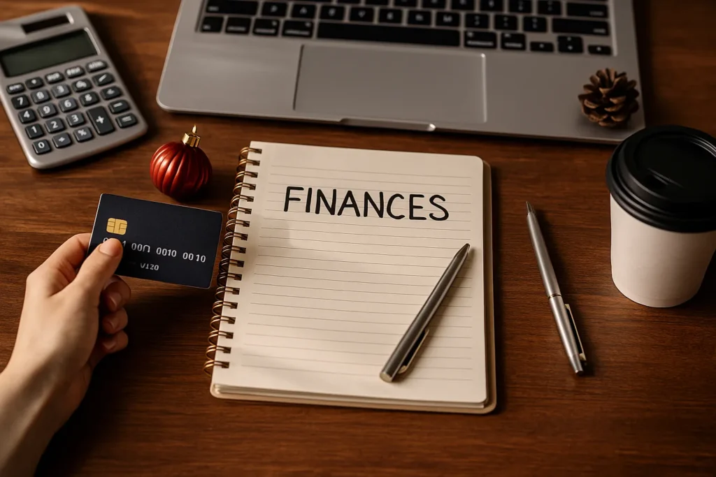 Desk setup with notebook labeled “Finances,” credit card, and laptop, reflecting smart spending techniques from yourselflovehub.com.