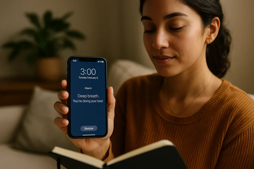 woman sitting on a sofa holding up her smartphone, which shows an alarm reminder to take a deep breath and be kind to herself, symbolizing gentle compassion alarms during the day