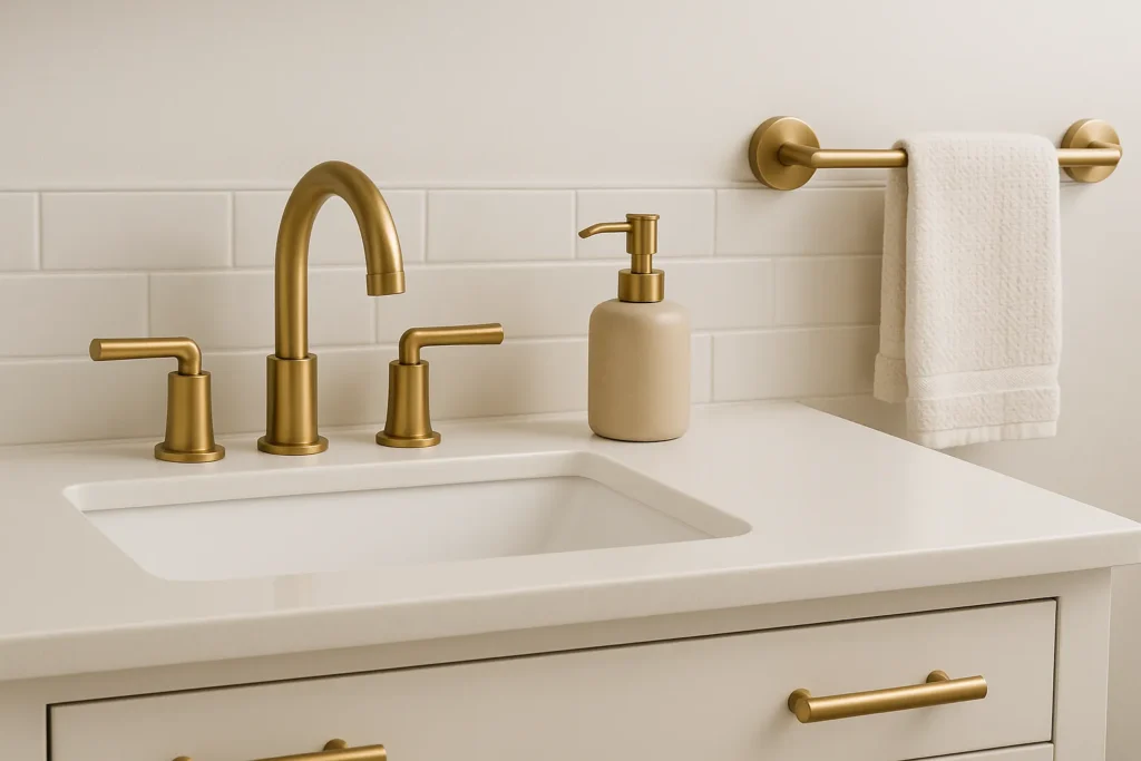A close-up of matching brushed brass faucet and hardware on a bathroom vanity, highlighting small upgrade ideas from yourselflovehub.com.