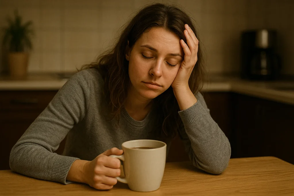 woman sitting at her kitchen table with her eyes closed, head resting on her hand and a coffee mug in the other, looking deeply tired in her body and face