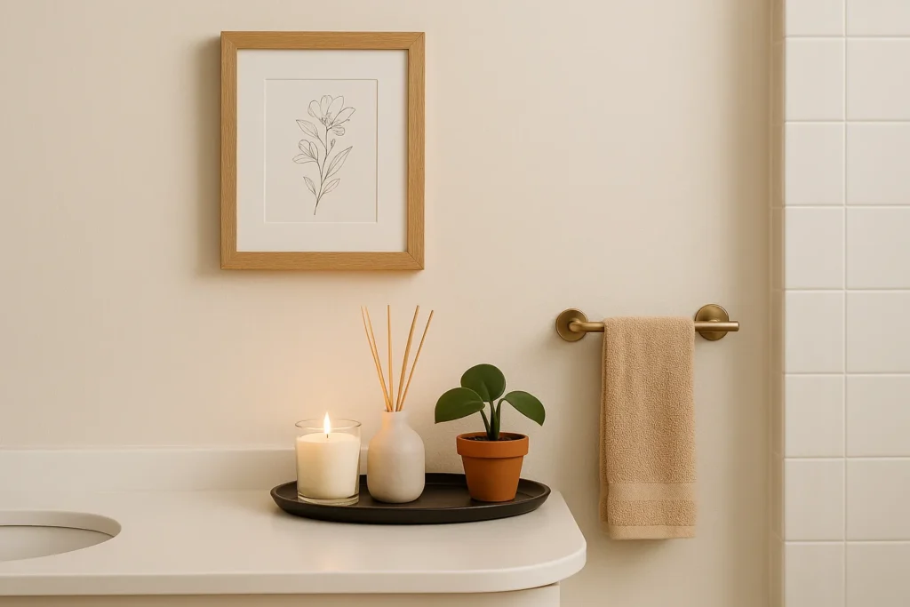 A styled bathroom corner with a framed print, candle, reed diffuser, and small plant creating a cozy, personal atmosphere.