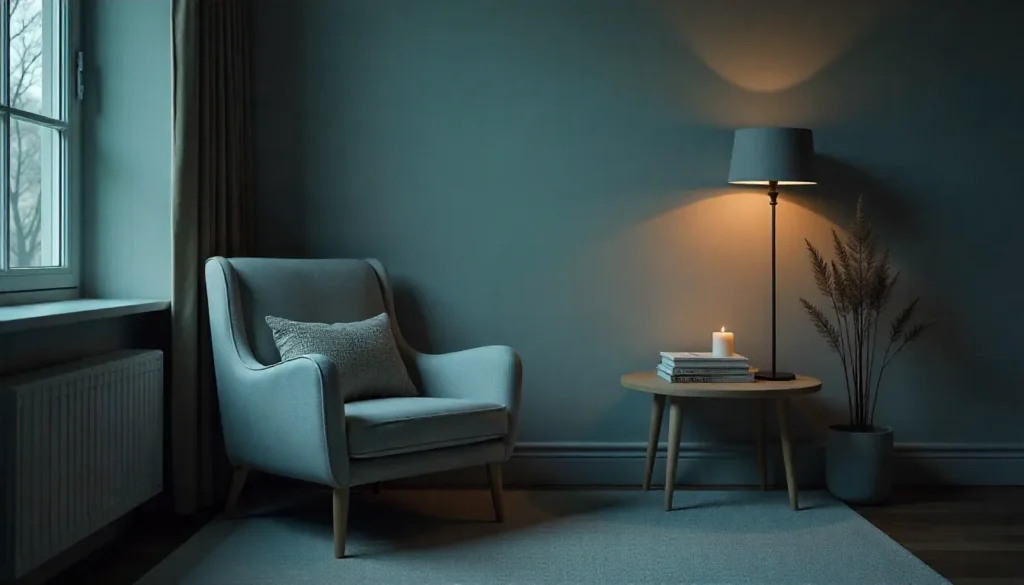 A cozy reading corner with a chair, books, tea, and soft lighting, created using simple cottagecore decor ideas.