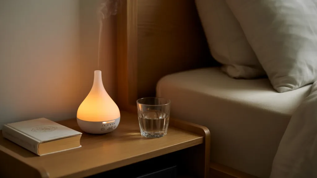 A calm bedside setup with a candle, diffuser, and book, creating soothing scent and sound for a restful bedroom mood.