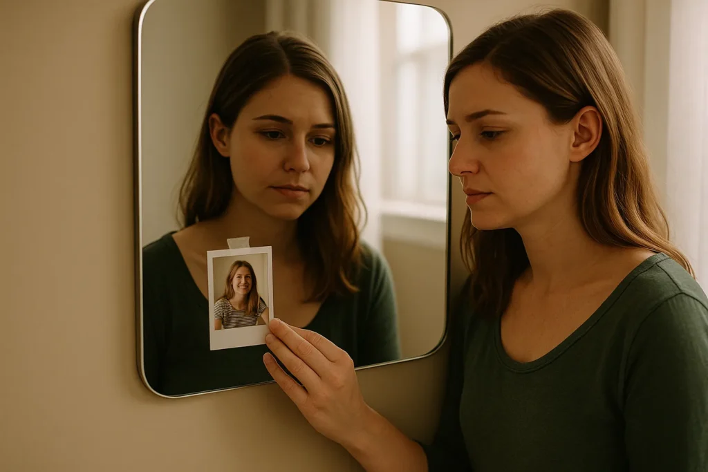 woman standing by a mirror touching an old photo of her younger, happier self, looking thoughtful and sad as if she no longer recognizes who she is now