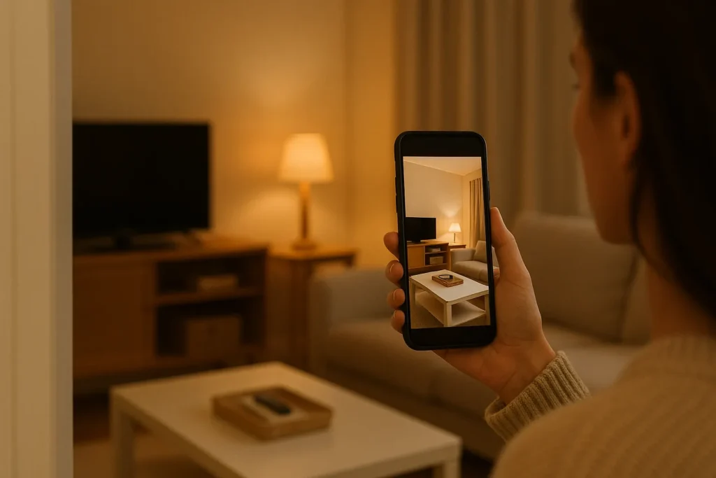 Using the photo trick to spot clutter after a 15 minute living room reset routine.