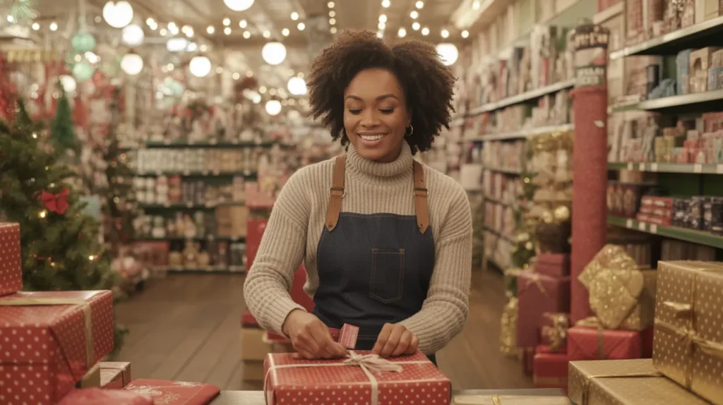 Smiling store worker wrapping holiday gifts, perfectly showing How to Generate Holiday Shopping Cash and Money with seasonal jobs.