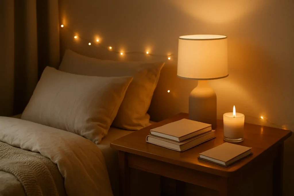 Horizontal photo of a cozy bedroom corner at night with neutral bedding, a wooden bedside table holding a stack of journals, a glowing candle, and a warm lamp, with soft fairy lights in the background.