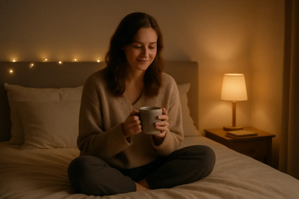 woman sitting on her bed with a mug at night, feeling peaceful about her slow, gentle self-improvement