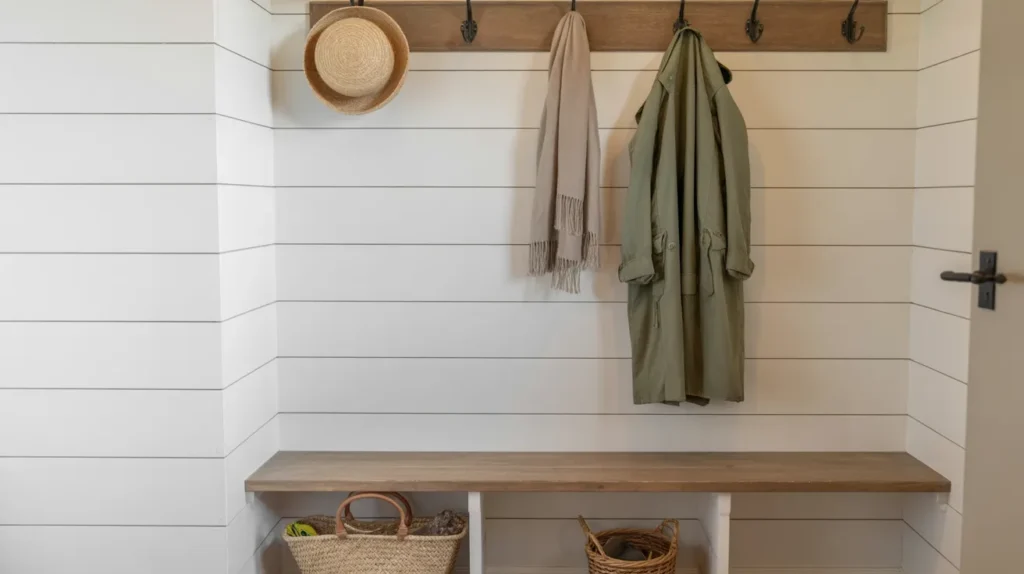 Close-up of a mudroom wall covered in white shiplap behind a small wood bench and hooks holding a sage coat and scarf, giving the space an instant farmhouse feel.