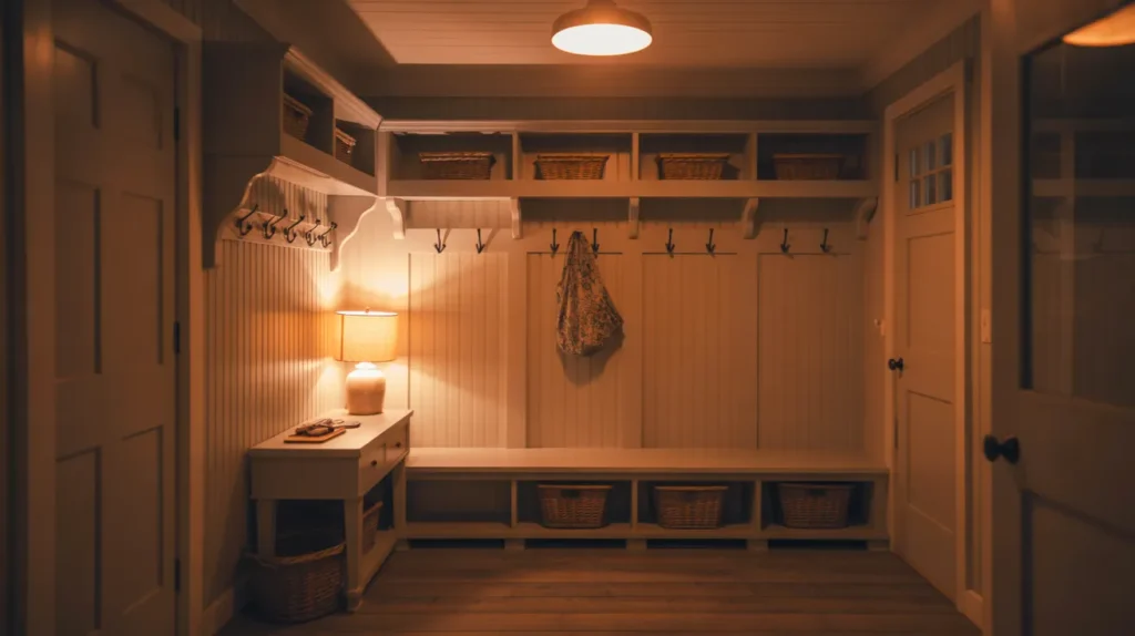 Farmhouse mudroom in the evening lit by a warm pendant light and small table lamp, casting a golden glow over hooks, bench, and baskets for an inviting entry.