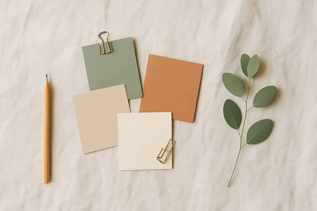 Flat-lay of muted notecards, pencil, and eucalyptus on pale linen
