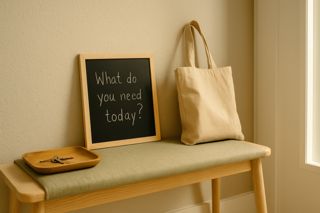 gentle daily question displayed by the front door—chalkboard on an entry bench, keys in a tray, tote bag, soft morning light