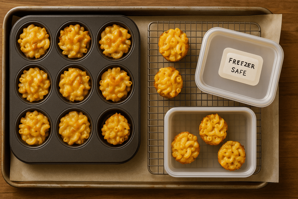 baked mac and cheese cups cooling on a rack, with a few tucked into a freezer-safe container beside a muffin tin