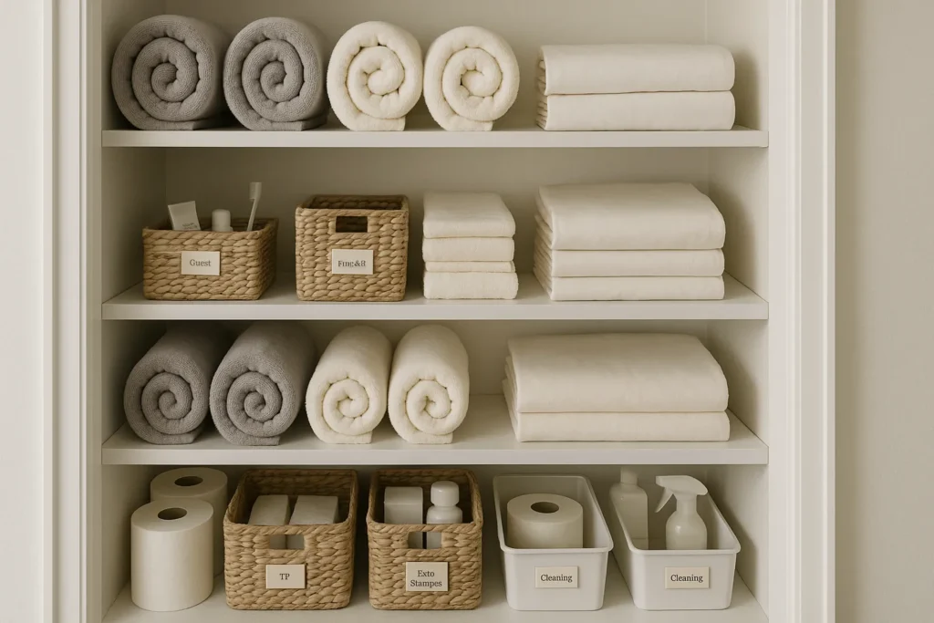 A horizontal view of a tidy linen closet with rolled towels, folded sheets, and clearly labeled baskets, styled for calm and easy access.