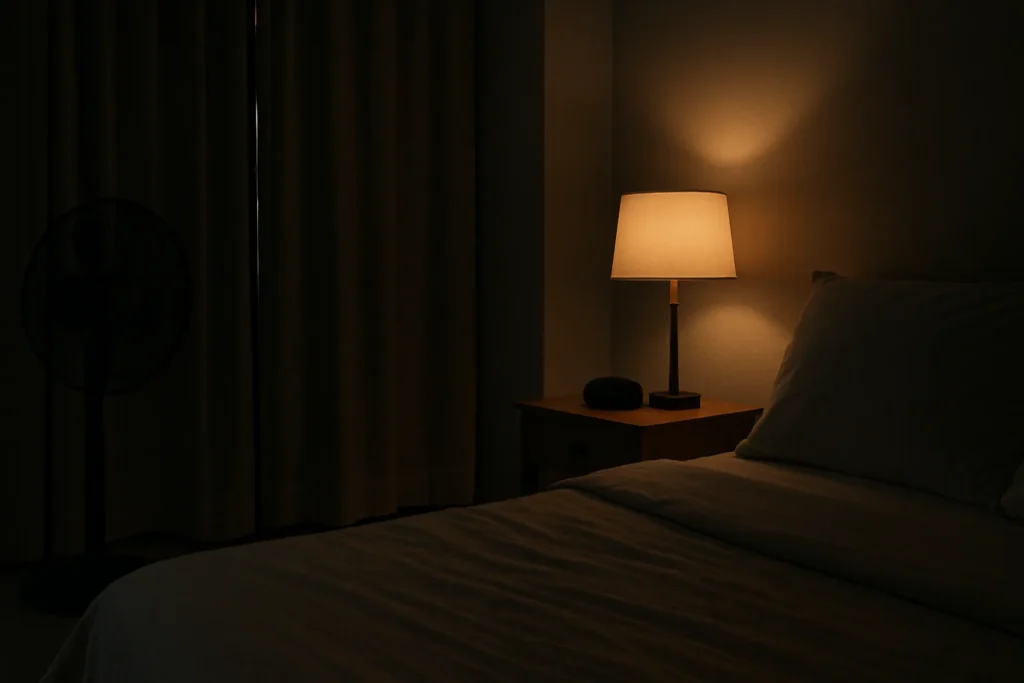 Darkened bedroom with a fan on low, eye mask on the nightstand, and curtains closed under a soft bedside lamp (1600×900).
