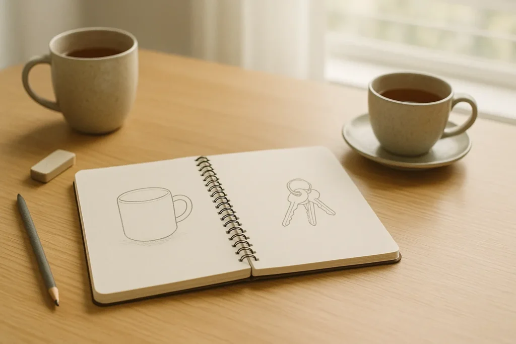 Sketchbook open with simple mug and keys line drawings.
