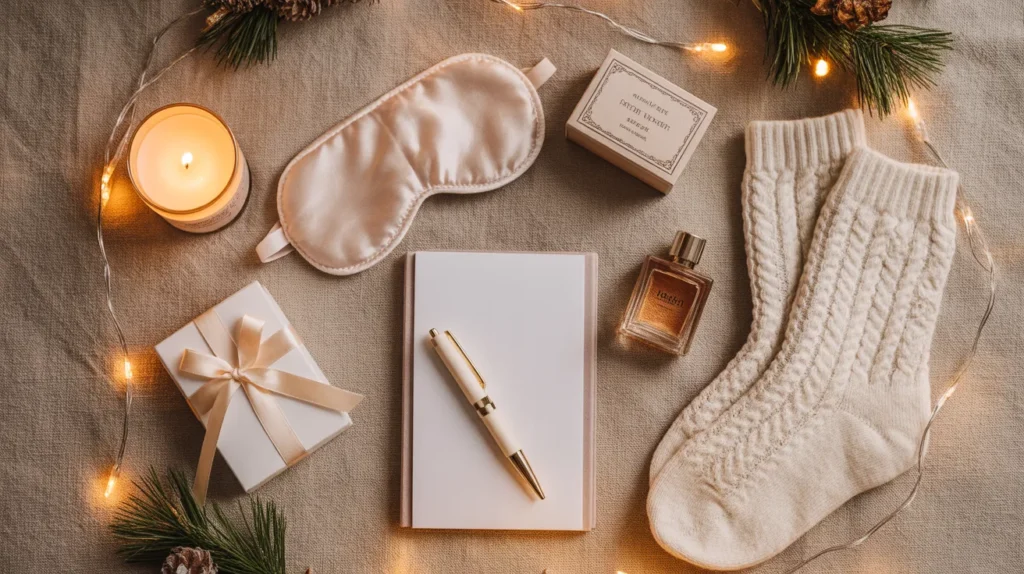 Flat lay of thoughtful and best Christmas gifts for her – candle, jewelry box, cozy socks, perfume, notebook and ribbons styled with pine branches and fairy lights.