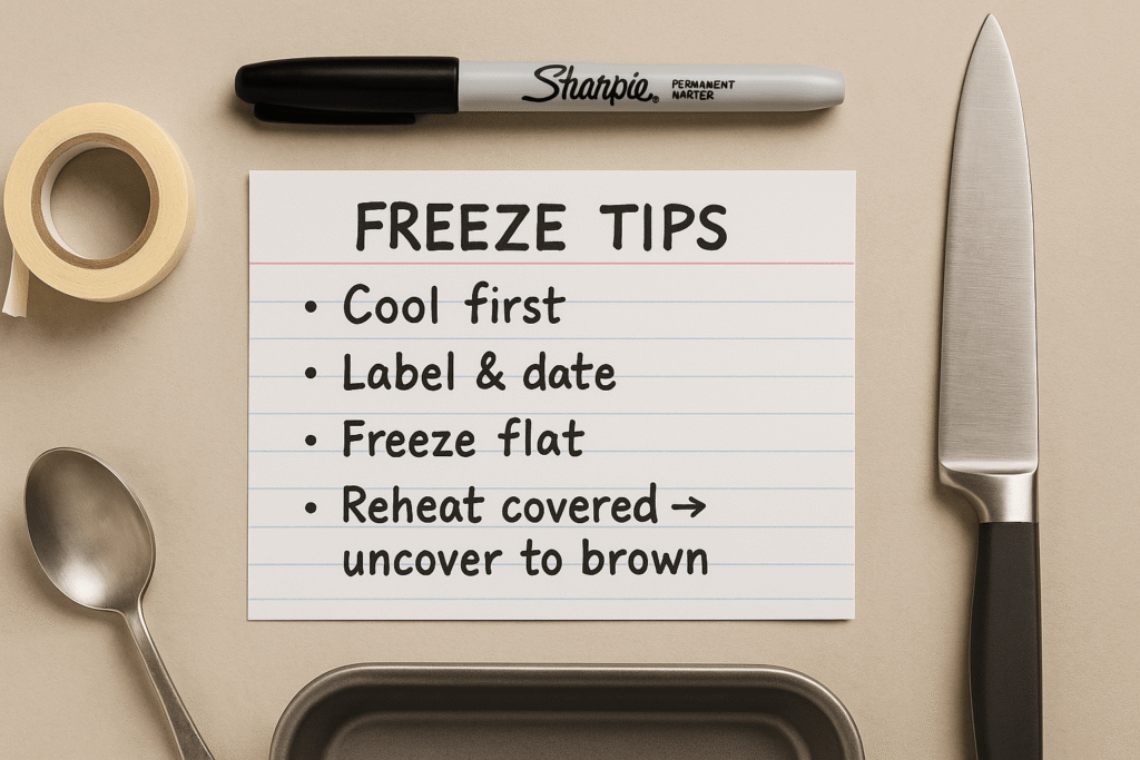 overhead flat-lay card titled “Freeze Tips” with bullets—cool first, label & date, freeze flat, reheat covered then uncover to brown—plus masking tape, marker, spoon, knife, and sheet pan