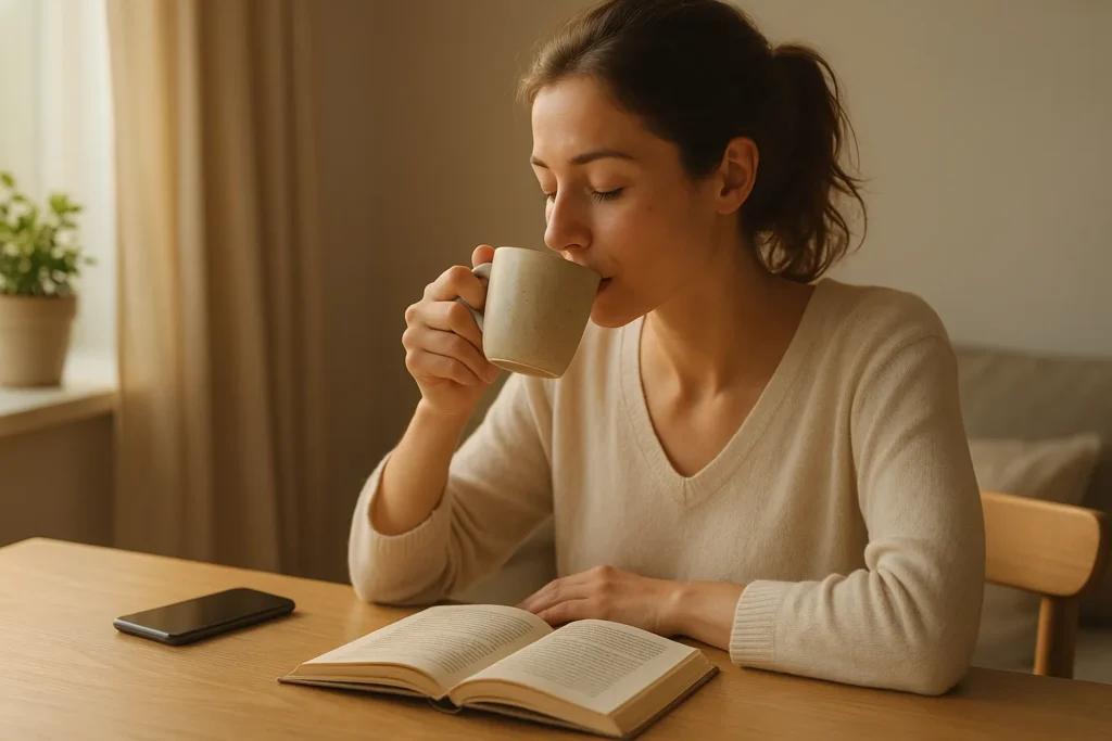 horizontal photo of a woman sipping coffee at a sunlit table with her phone placed face down beside an open book, calm screen-free moment showing healthy boundaries